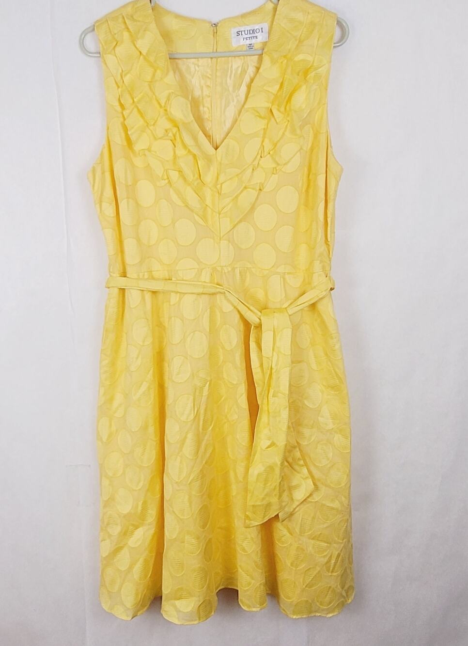 Studio 1 Petite yellow Swiss dot ruffled Vneck midi dress SZ 16P retro vibrant